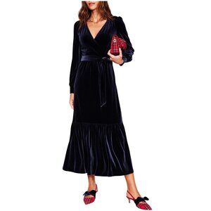 Boden Ophelia Velvet Midi Wrap Dress navy blue size US 8 UK 12 M holiday long